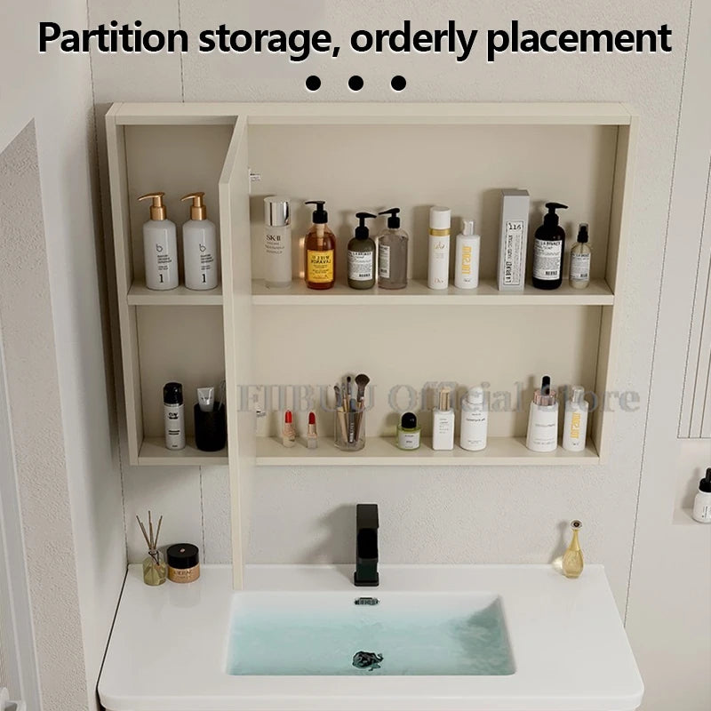 Bathroom Cabinet with Rounded Corners Ceramic Washbasin Wall-mounted Bathroom Dressing Storage Cabinet with Mirror and Faucet