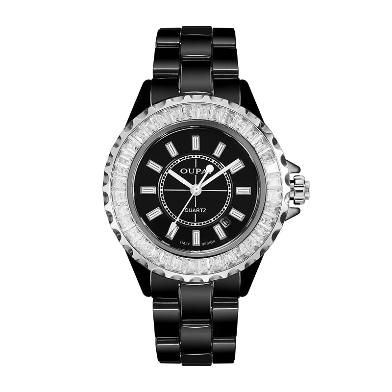 Dectop 2025 New Arrival Baguette Crystal White Ceramic Luxury Classic Wristwatch Lady Wateproof Fashion and Elegant Dress Watch