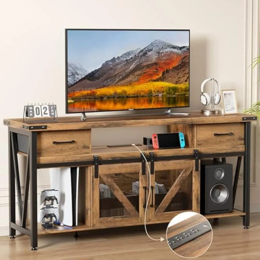TV Stand for 75 Inch TV,Entertainment Center with Power Strip & Storage,2 Drawers & Sliding Barn Doors - Industrial Rustic