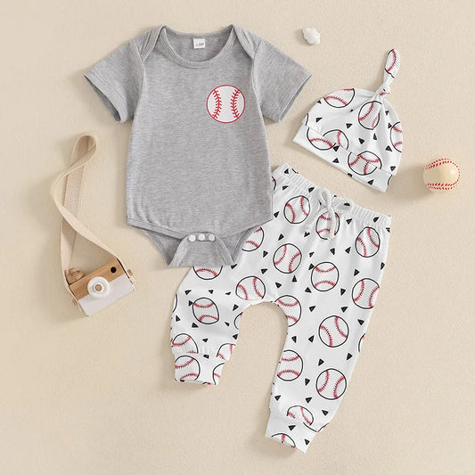 2024-12-24 Lioraitiin Baby Boy Summer Outfits Short Sleeve Round Neck Romper with Baseball Print Pants and Hat 3 Pcs Set