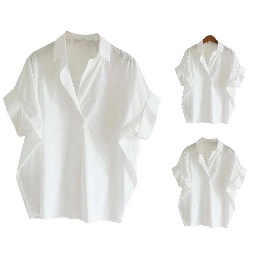 Women's Clothing Thin Blouses Shoulder Drop Loose Turn-down Collar Solid Shirt Button Simplicity-Office Lady Casual Elegant