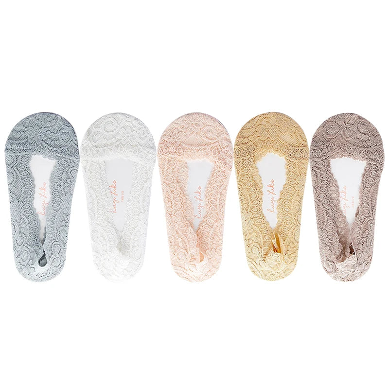 5 Pairs/Lot Socks Women's Ankle Short  No-Show Invisible Foot Summer Thin Cotton Set White Low Cut Boat Lace Silicone Non-Slip