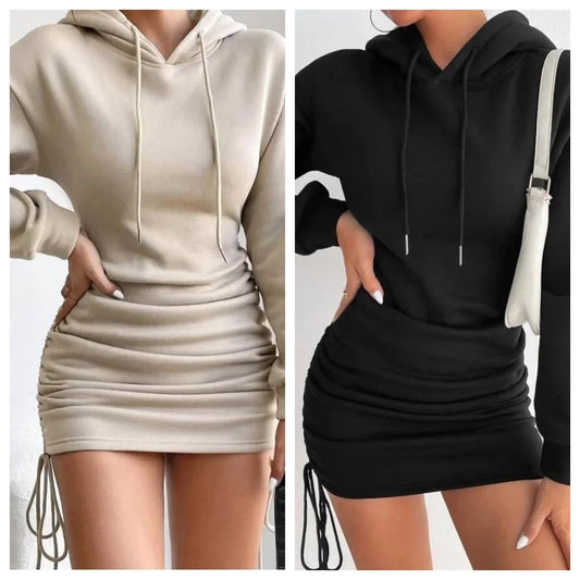 Drop Shoulder Drawstring Ruched Hoodie Dress For Spring & Summer Women's Clothing