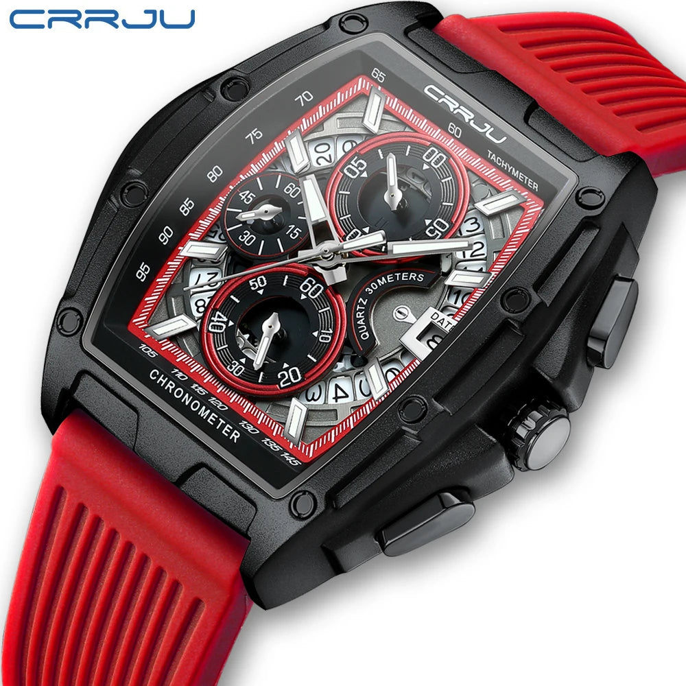 CRRJU Brand Men Watch Domineering Barrel Watch Curved Mirror Hollow Surface Sports Men Watch Silicone Quartz Wristwatch