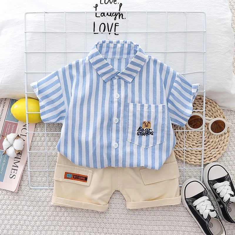 New Summer Baby Boy Clothes Set Toddler Boys Striped Cartoon 2-Piece Outfit with Cargo Shorts Casual Infant Children's Clothing