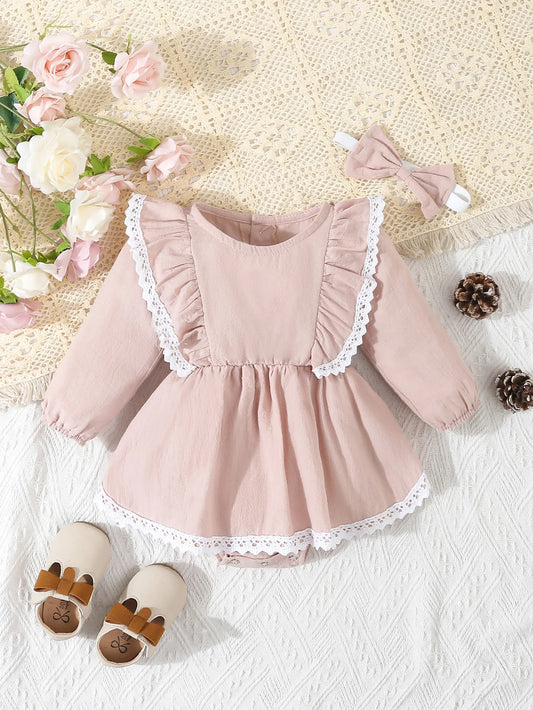 Baby Girl‘s  Clothes 2Pcs Cute Lace Ruffled Long Sleeve Cotton Dress  Headwear Toddler Girl's Clothing Outfit Set
