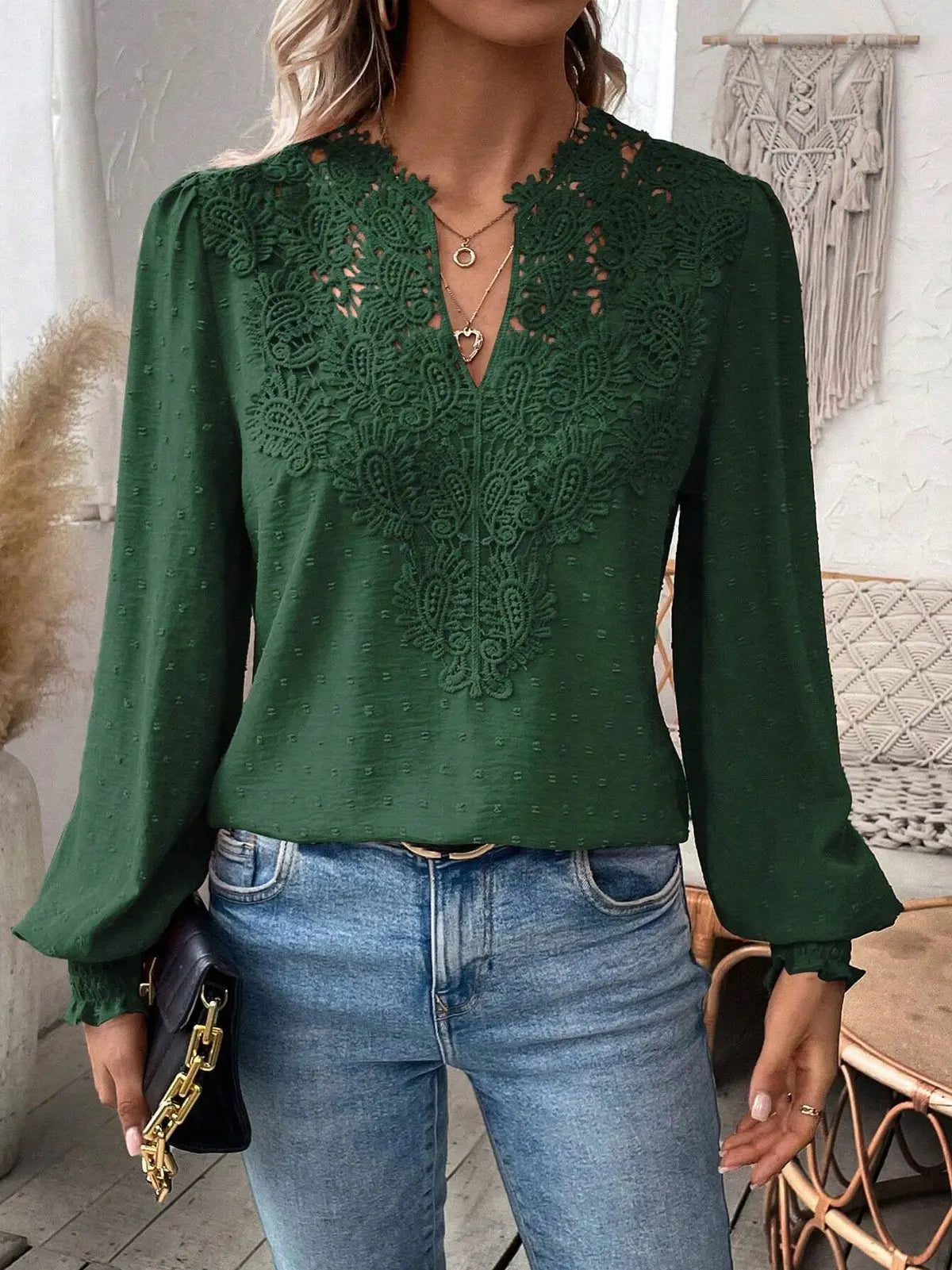 Autumn Women's Clothing New Sexy V-neck Fashion Lace Patchwork Solid Color Shirt Long Sleeved Casual Shirt Women's Clothing