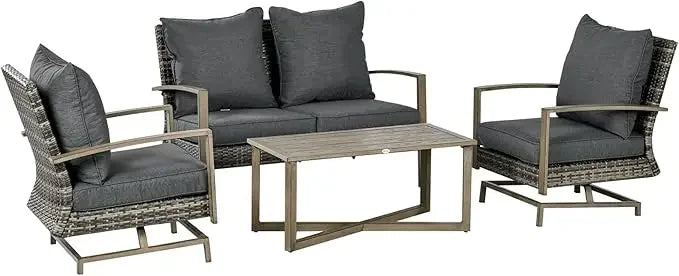 4 Piece Wicker Patio Furniture Set with 2 Rocking Chairs, Loveseat Sofa, Outdoor PE Rattan Conversation Set with Cushions