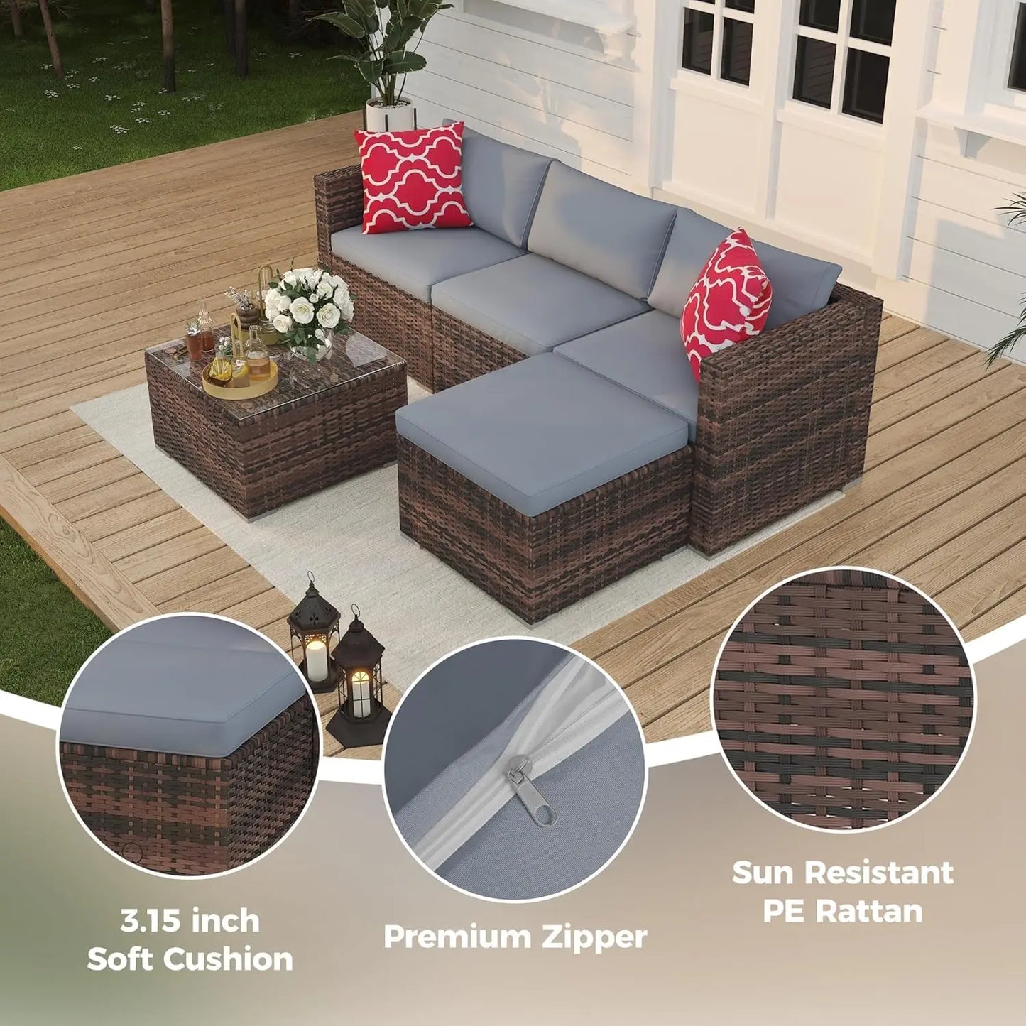 5-Piece Outdoor PE Wicker Patio Furniture Set, Water-Resistant Sectional Sofa With Plush Cushions, Tempered Glass Coffee Table &