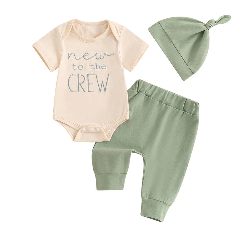 2024-05-05 Lioraitiin Baby Boy Summer Outfit Letter Embroidery Short Sleeve Romper with Solid Color Pants and Hat 3Pcs Set