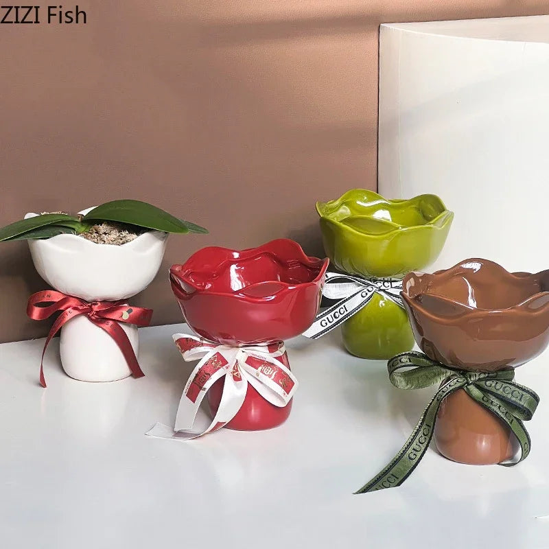 Rose Flower Shaped Ceramic Vase Desk Decoration Flowers Arrangement Girding Decorative Floral Vases Room Aesthetic Decor