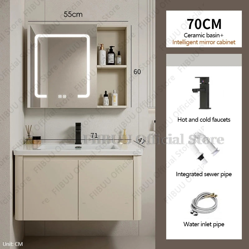 Bathroom Cabinet with Rounded Corners Ceramic Washbasin Wall-mounted Bathroom Dressing Storage Cabinet with Mirror and Faucet