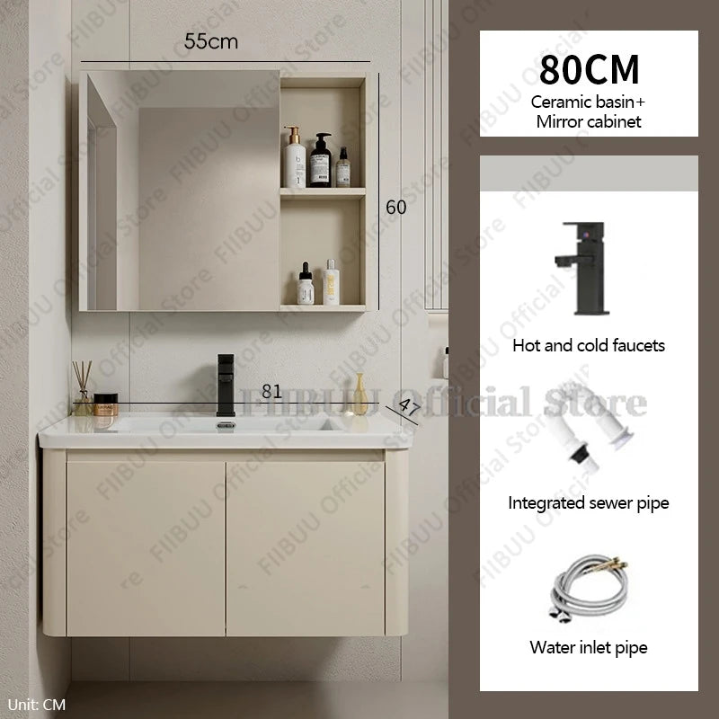 Bathroom Cabinet with Rounded Corners Ceramic Washbasin Wall-mounted Bathroom Dressing Storage Cabinet with Mirror and Faucet