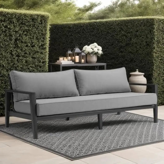 Armen Living Cayman Aluminum Outdoor Sofa in Black and Dark Gray