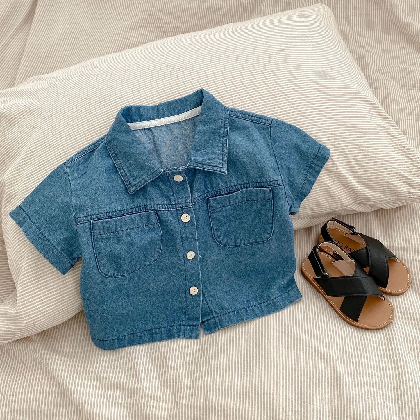 New baby clothes in summer, 0-3 years old baby girl and boy, sleeve pocket top + boxer shorts two-piece set