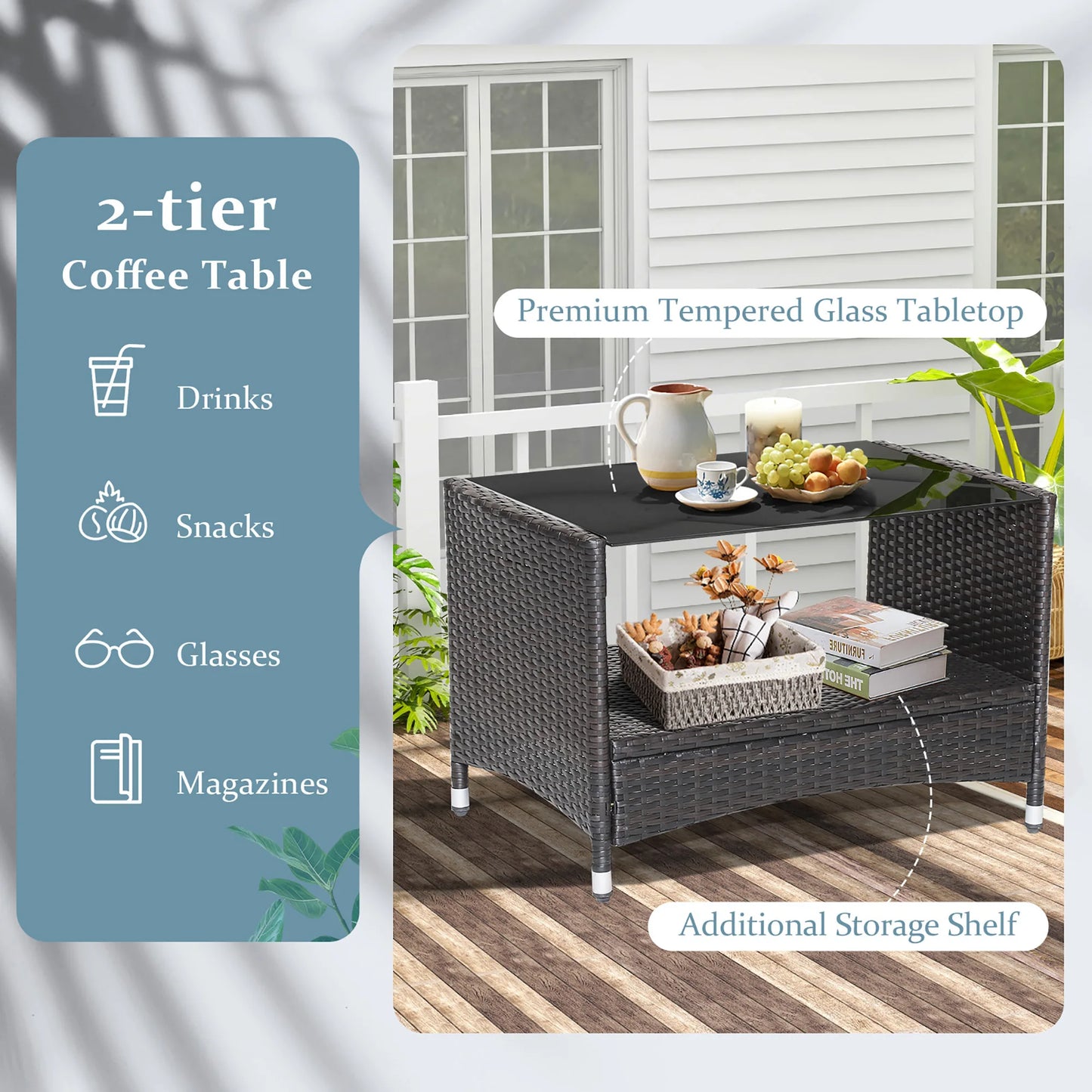 4PCS Patio Rattan Furniture Set Armrest Cushion Sofa Coffee Table withShelf Garden
