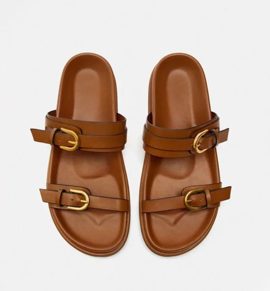 Woman Black Flat Slingback Shoes Female Summer Straps Round Toe Shoes 2025 Women's Sandals Metal Buckle Flat Sandals