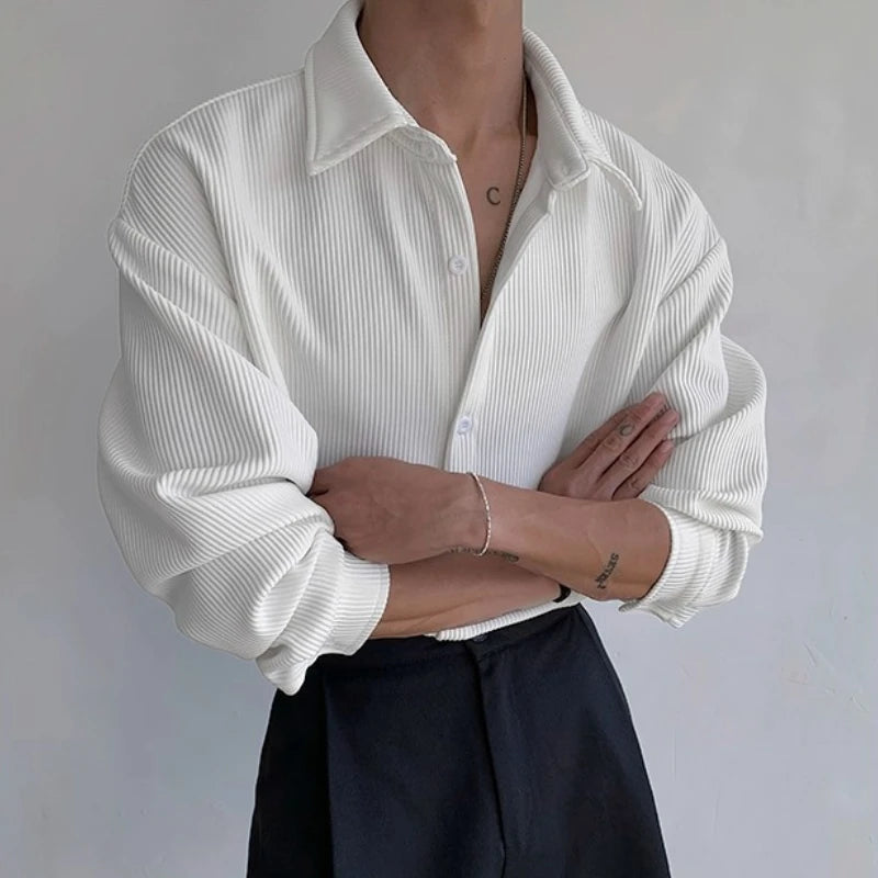 Autumn Men's Clothing Light Luxury Pleated Shirt Leisure Long Sleeve Drapped Solid Color Loose Basic Business Casual Shirts Men