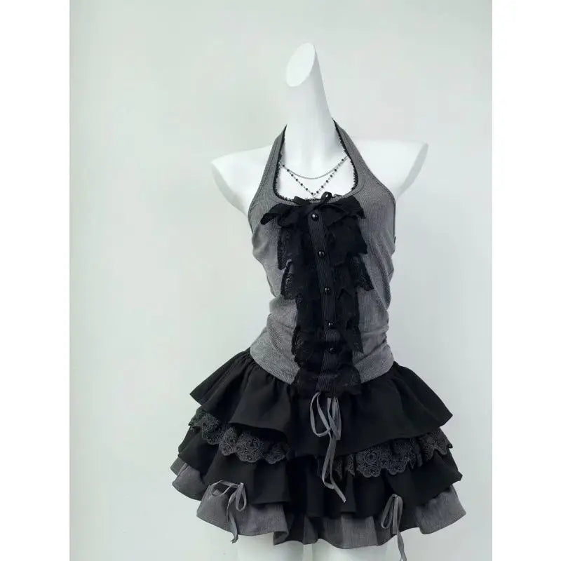 Women's Clothing Japanese 3 Piece Sets Patchwork Lace Tshirts Crop Vest Bow Sweet Skirt Outfits Roupas Femme Chic Summer Suit