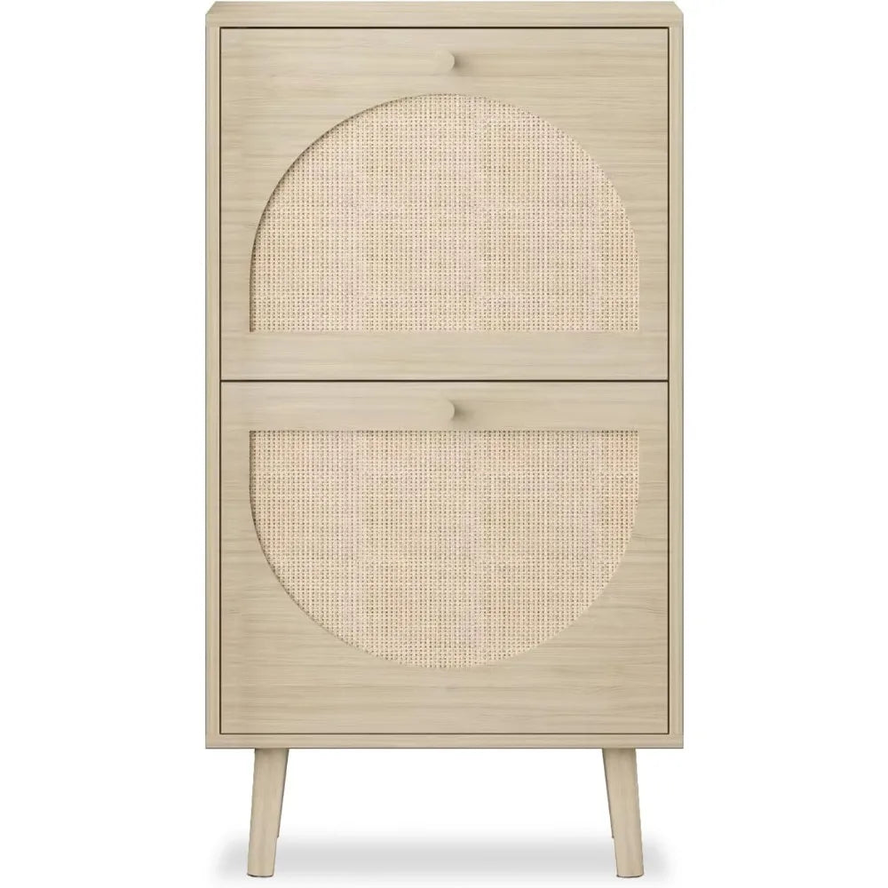Shoe Cabinet with 2 Flip Drawers, 2 Tier Freestanding Organizer, Rattan Storage Cupboard for Entryway, Hallway, Living Room
