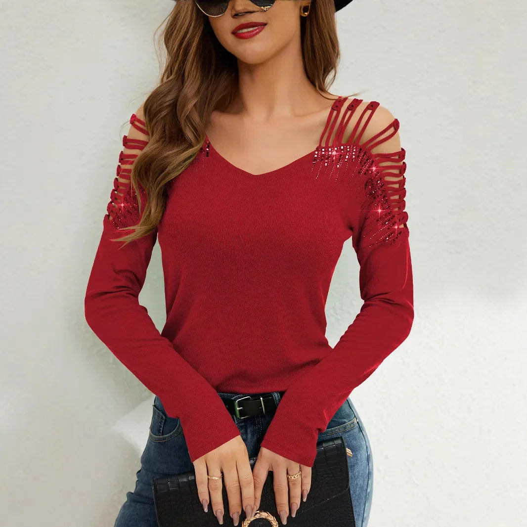 Lace splicing rhinestone V-neck long sleeved women's T-shirt sports women's round neck hollowed out shoulder long sleeved shirt
