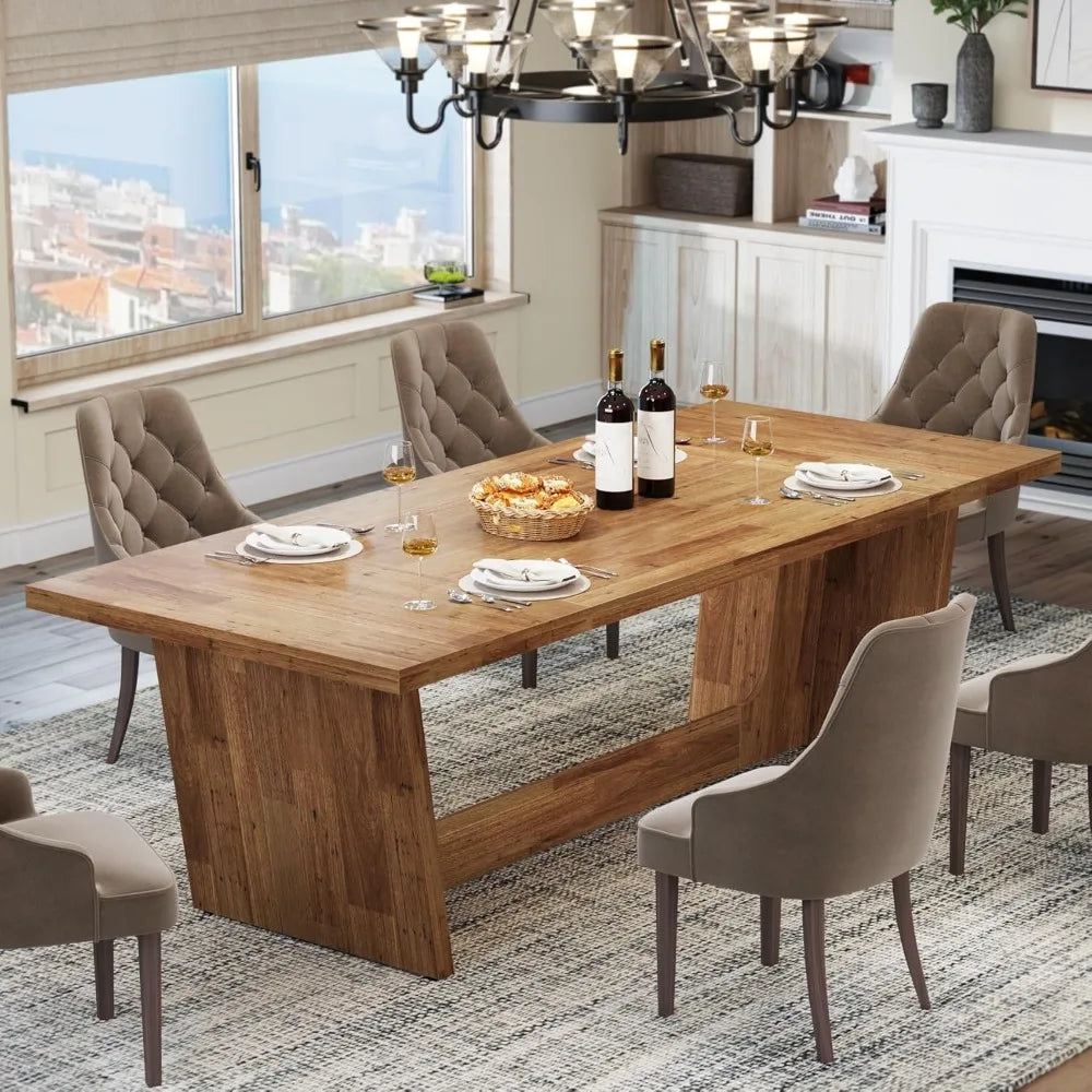 70.87-Inch Dining Room Table: Wood Large Dining Table for 6-8 People, Rectangular Farmhouse Kitchen Table with Solid Pedestal,