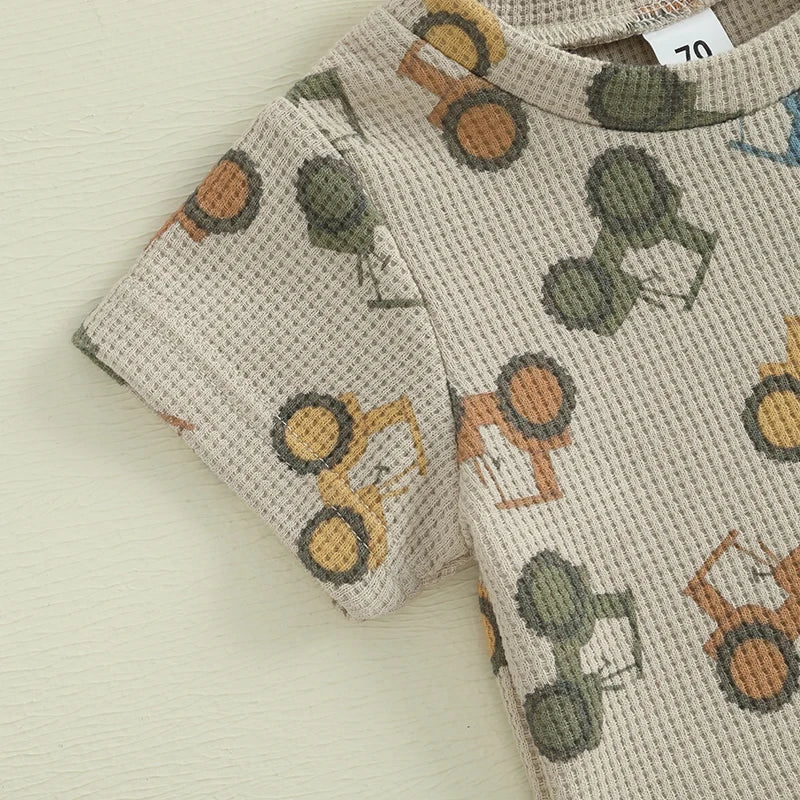 Lioraitiin Toddler Baby Boy Summer Outfit Waffle Tractor Print Short Sleeve T-shirts Solid Elastic Waist Shorts Summer Set