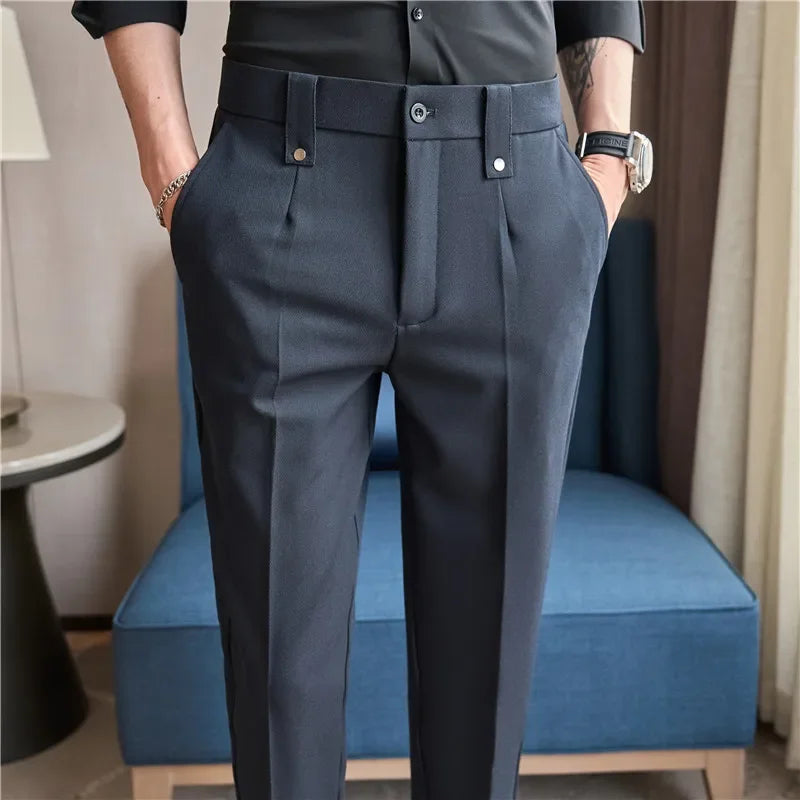 Mens Suit Pants 2025 Autumn New British Style Elastic Waist Solid Casual Formal Dress Pants Slim Fit Trousers for Men Clothing