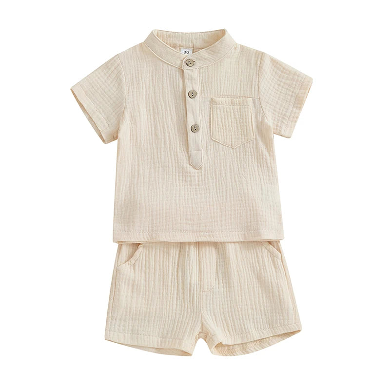 Lioraitiin Toddler Baby Boy Clothes Solid Color Cotton Gauze Button Up Short Sleeve Henley Shirts and Shorts Set Summer Outfits