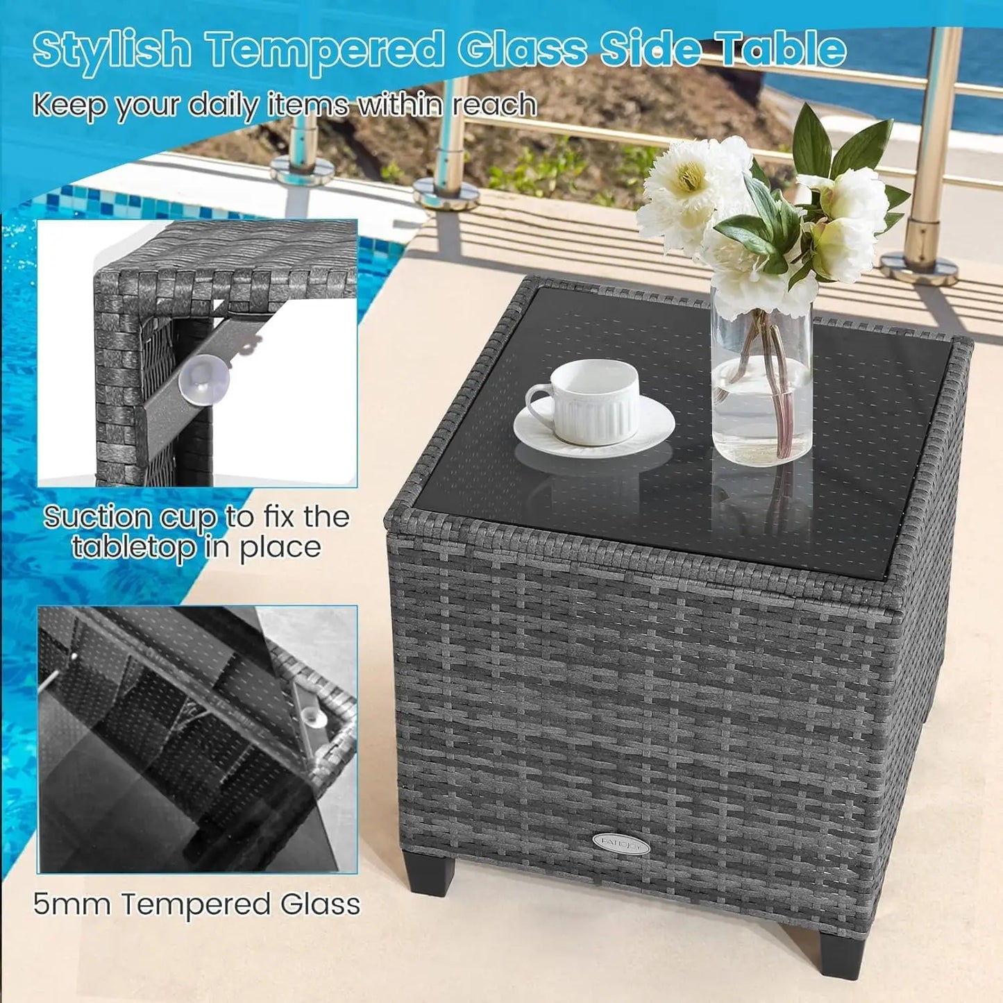 LDAILY Patio Furniture Set, 3 Pieces PE Rattan Wicker Patio Sofa Chairs with Washable Cushion & Glass Table, Outdoor Furniture C