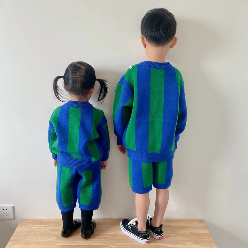 Spring Autumn Kids Knitted Clothing Set Long Sleeved Striped Pullover Sweater+Shorts Baby Boys Girl Clothes Suit Children Suit