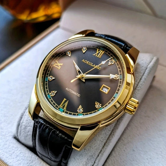Men's Casual Mechanical Watch with Date Display - Alloy Case, Hollow Design, Leather Strap, Automatic Winding, Suitable for Business and Daily Wear, Daily Watch Casual Style Watch, No Battery, Gift for His Best