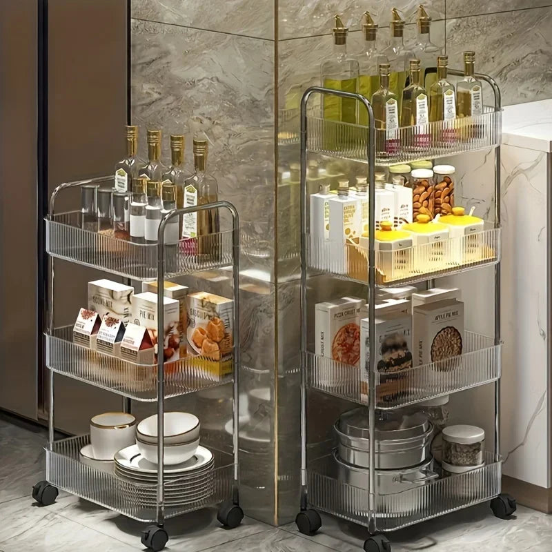 3 Tier Clear Storage Cart with Wheels - Multifunctional Rolling Organizer for Bedroom Living Room & Office