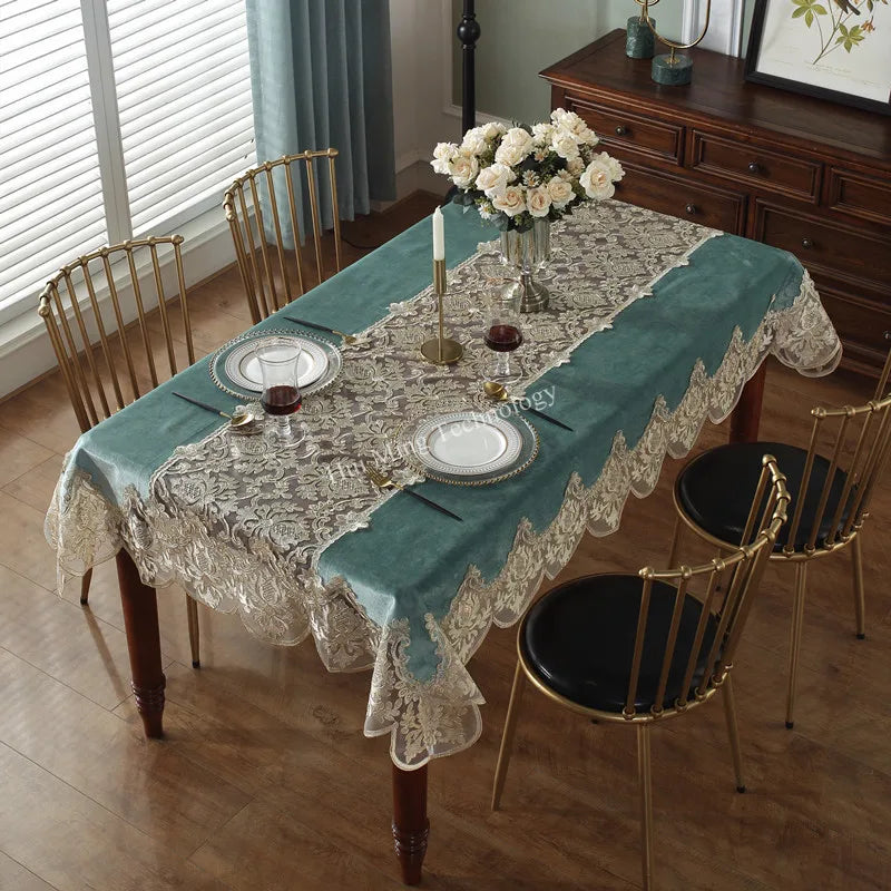 Tablecloth Blue Golden Velvet Rectangle Table Cloth Europe Luxury Embroidered Dining Table Cover Lace Dust Cover Home Decor