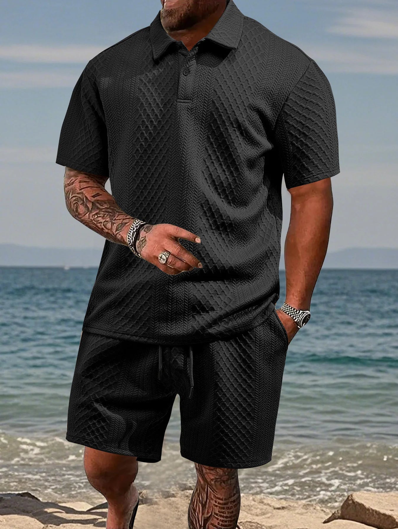Cross-Border Men's Clothing Summer European and American New Jacquard Cloth Men's Casual Sports Thin Lapel Polo Shirt Short-Sleeved Suit Fabric Breathable and Comfortable Perfect for Daily Wear