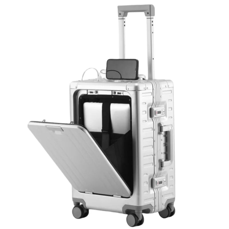 New All Aluminum-magnesium Suitcase Front Opening Rolling Luggage with USB Charging Plug TSA Lock Travel Trolley Case with Wheel