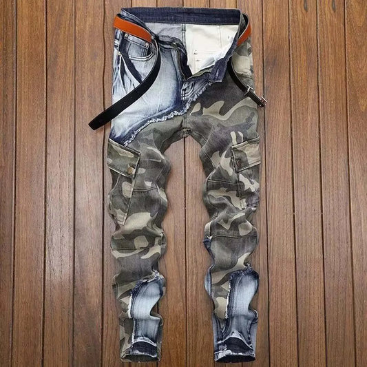 2025 Men's Jeans Vintage Distressed Camouflage Ripped PatchworkJeans Luxury Designer Slim Skinny Jeans Casual Denim Pants Men