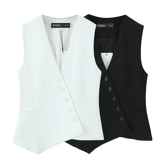 2025 new women's clothing casual elegant design sense European and American retro series asymmetrical vest