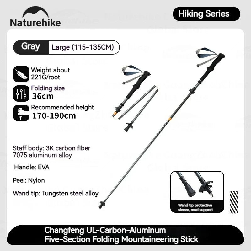 Naturehike 5-Section Trekking Pole Carbon Fiber Aluminum Alloy Folding Teleskopic Stick Ultralight Walking Stick Hiking Canes
