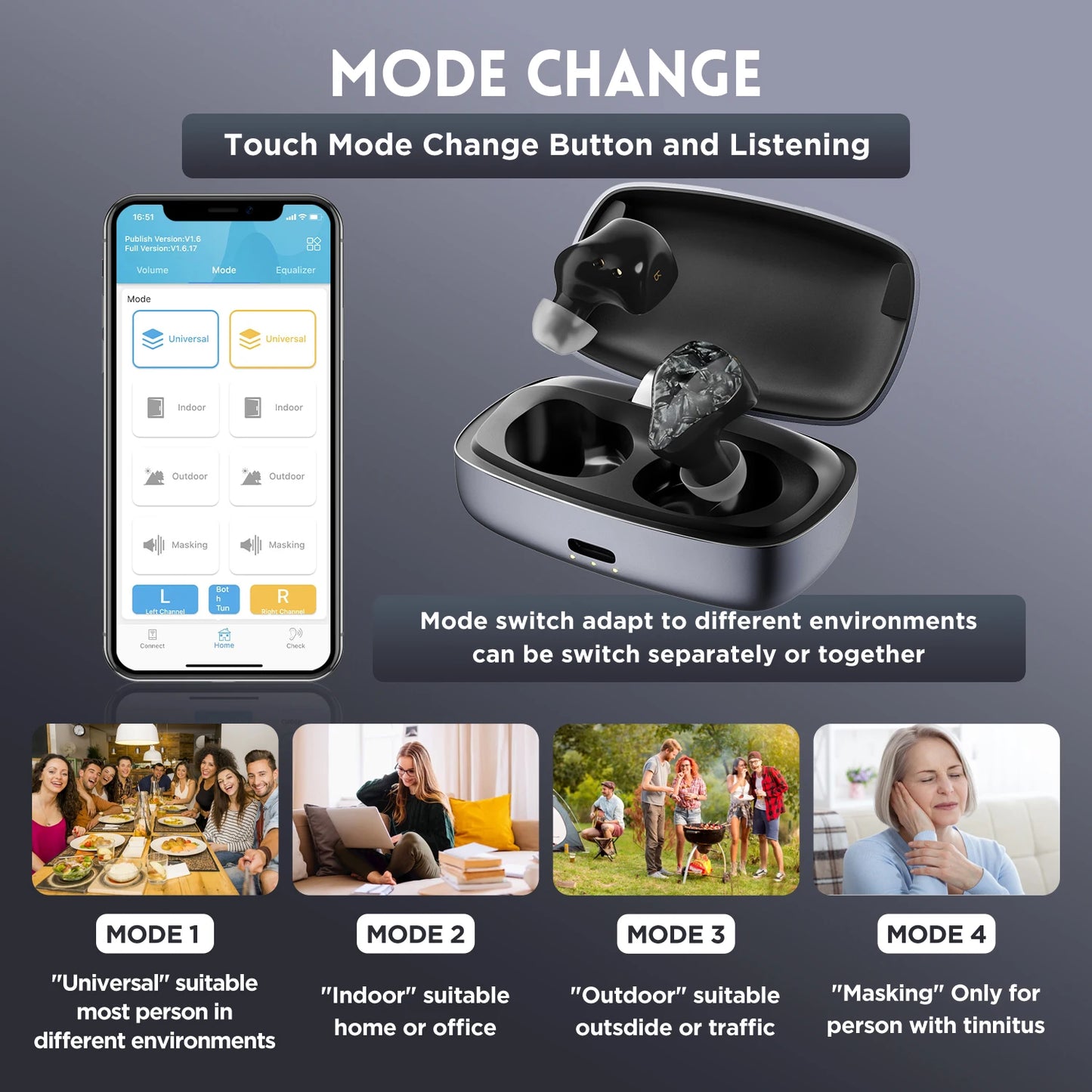 OTC Bluetooth Hearing Aids Rechargeable Hearing Amplifier with APP Control Noise Reduction for Mild To Moderate Hearing Loss