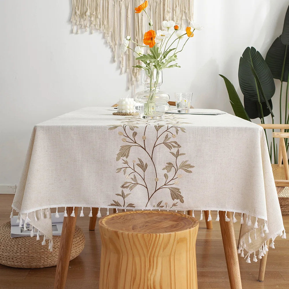 Embroidered Floral Pattern Tablecloth for Dining Table,Dust Proof Spillproof Soil Resistant Cotton Linen Rectangle Table Cover