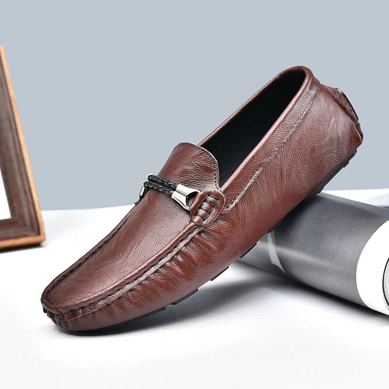 Genuine Leather Mens Loafers Fashion Slip on Soft Flats Simple Moccasin Comfy Handmade Man Driving Footwear Non-Slip Boat Shoes