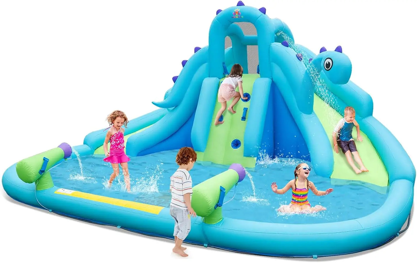 Inflatable Water Slide with Dinosaur, Double Slides Kids Mega Waterslide Park Heavy Climbing Wall for Outdoor Racing, Blow up Wa