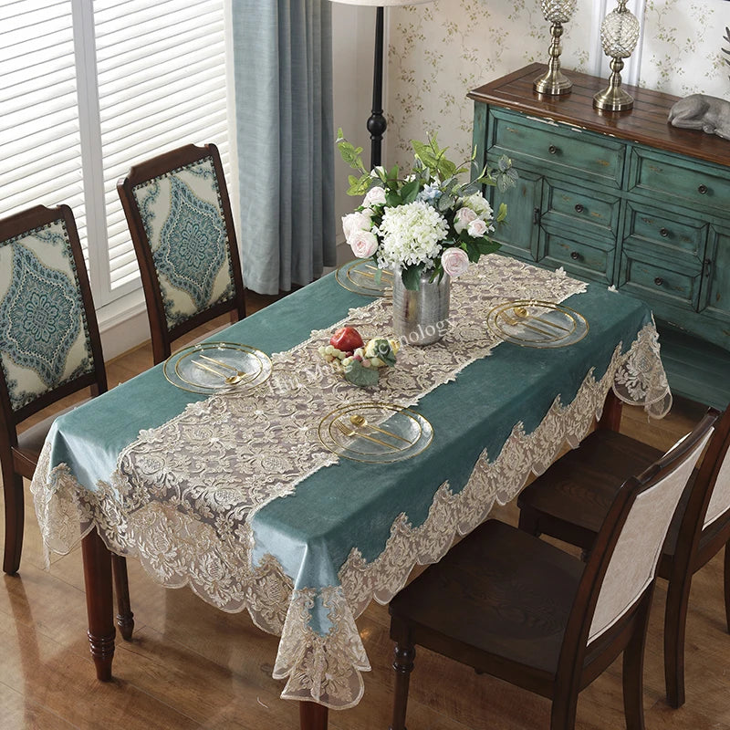 Tablecloth Blue Golden Velvet Rectangle Table Cloth Europe Luxury Embroidered Dining Table Cover Lace Dust Cover Home Decor
