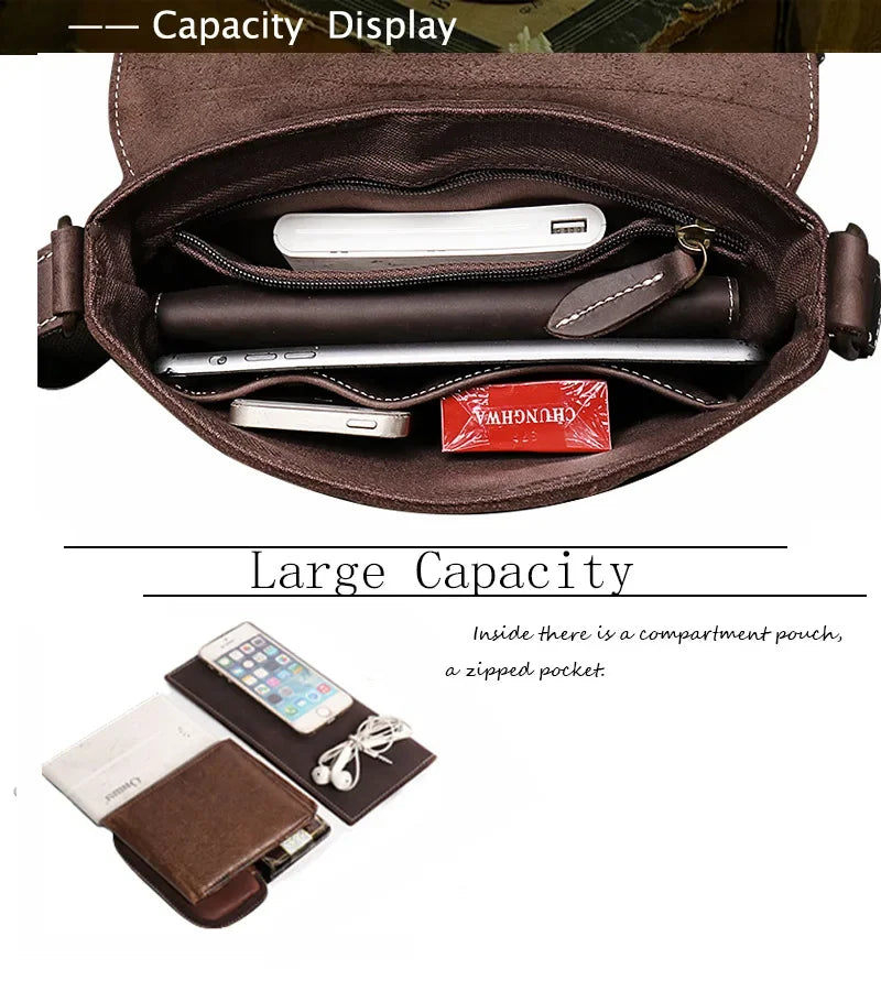 Crazy Horse Leather Men's Shoulder Bag Genuine Leather Small Bag Crossbody Cowhide Bag for Man High Quality Men Satchel Bags