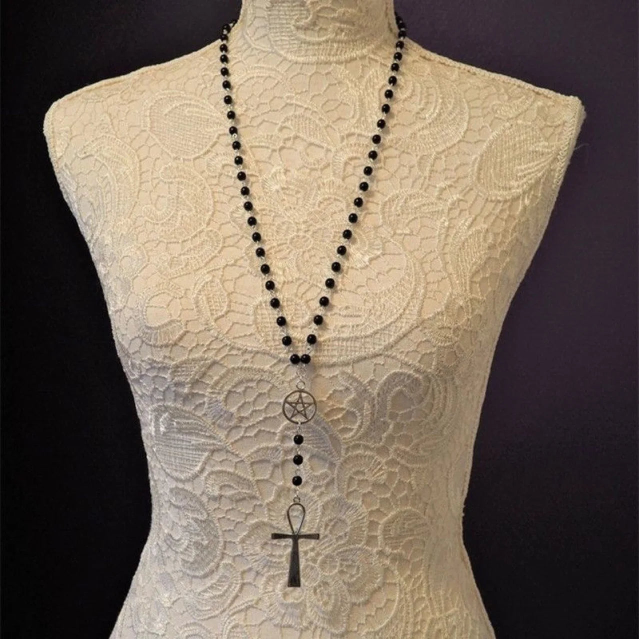 Ankh and Pentagram Rosary Necklace , Wicca, Pagan Rosary Black Beads Charm Jewelry for Women Gift Fashion Simple Jewellery