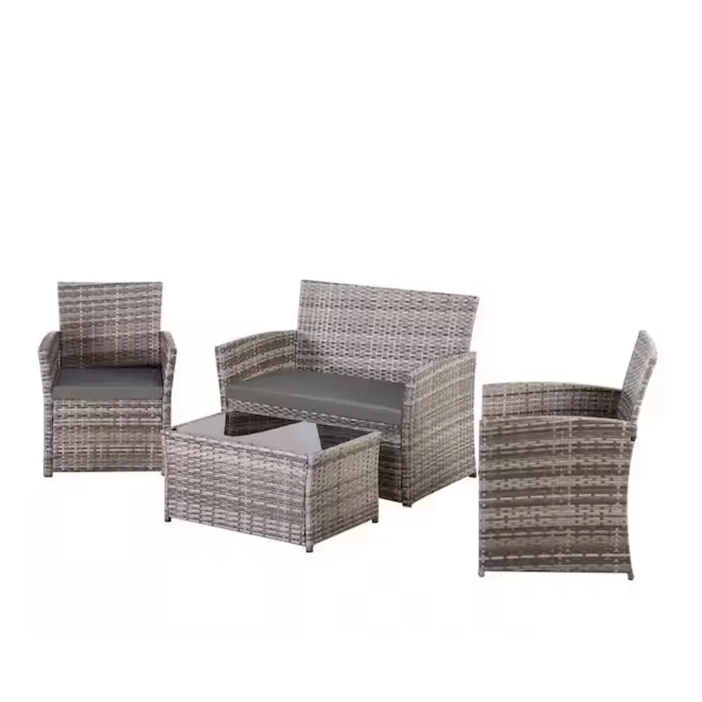 Gray 4-Piece Wicker Outdoor Patio Conversation Furniture Sofa set with Gray Cushions and Coffee Table, Apt, Porch, Yard