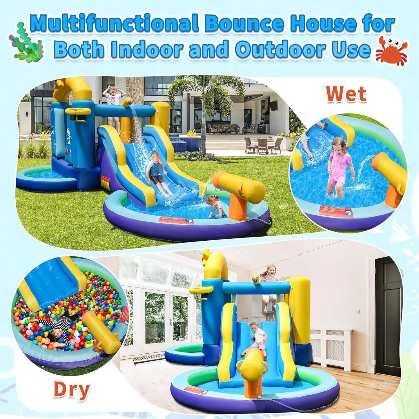 Inflatable Water Slide with 735w Blower, Ocean Themed Bounce House Water Park with Ball & Splash Pool, Indoor Outdoor Bouncy Cas