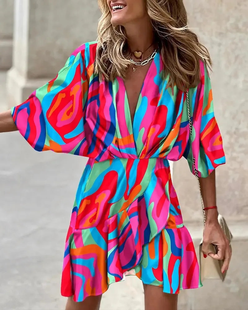 Spring Summer Women's Clothing New Sexy V-neck Fashionable Seven Inch Bat Sleeve Irregular Hem Dress Women's Clothing