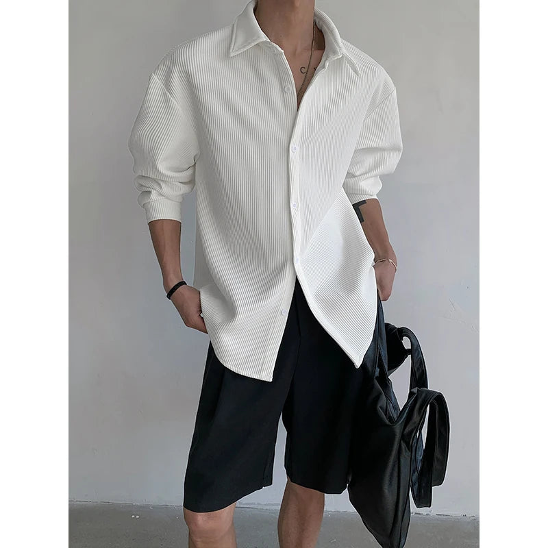 Autumn Men's Clothing Light Luxury Pleated Shirt Leisure Long Sleeve Drapped Solid Color Loose Basic Business Casual Shirts Men